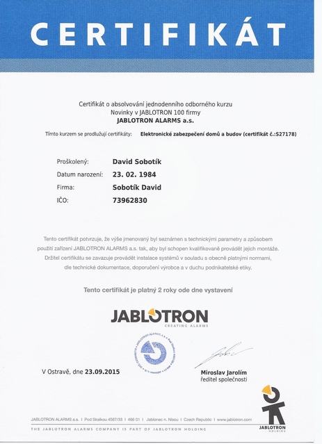 Certifikát Jablotron Školení na zabezpečovací systémy Jablotron